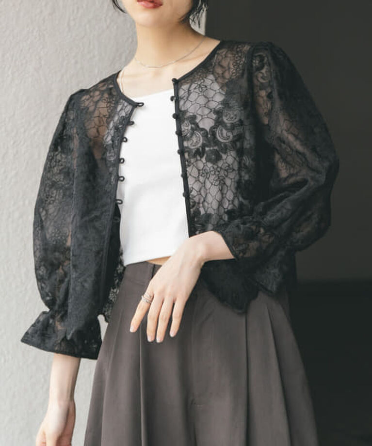  「KBF オーガンジー刺繍クロップドブラウス」|シャツ・ブラウス|BLACK