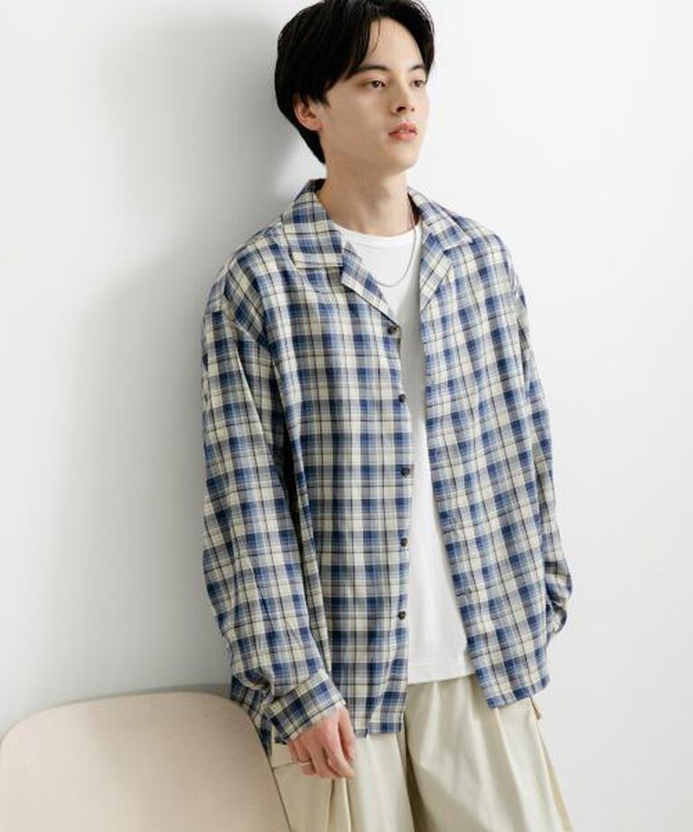 SENSE OF PLACE by URBAN RESEARCH「SENSE OF PLACE 『ユニセックス』シアーチェックオープンカラーロングスリーブシャツ」|シャツ・ブラウス|