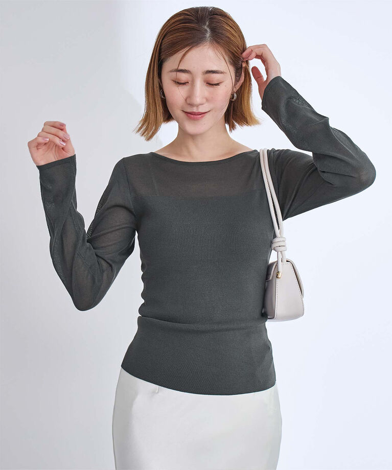ur's「シアー切替ボートネックニット」|Tシャツ・カットソー|チャコール