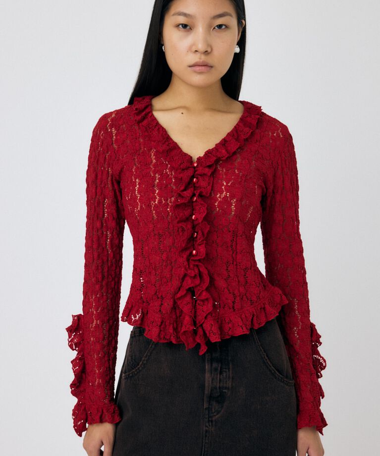 MOUSSY「CUT LACE RUFFLE ブラウス」|Tシャツ・カットソー|RED