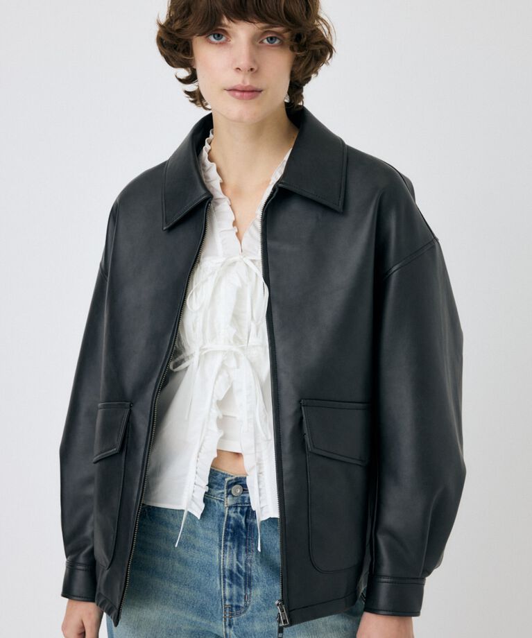 MOUSSY「FAUX LEATHER OVER ジャケット」|ブルゾン・スタジャン|BLK