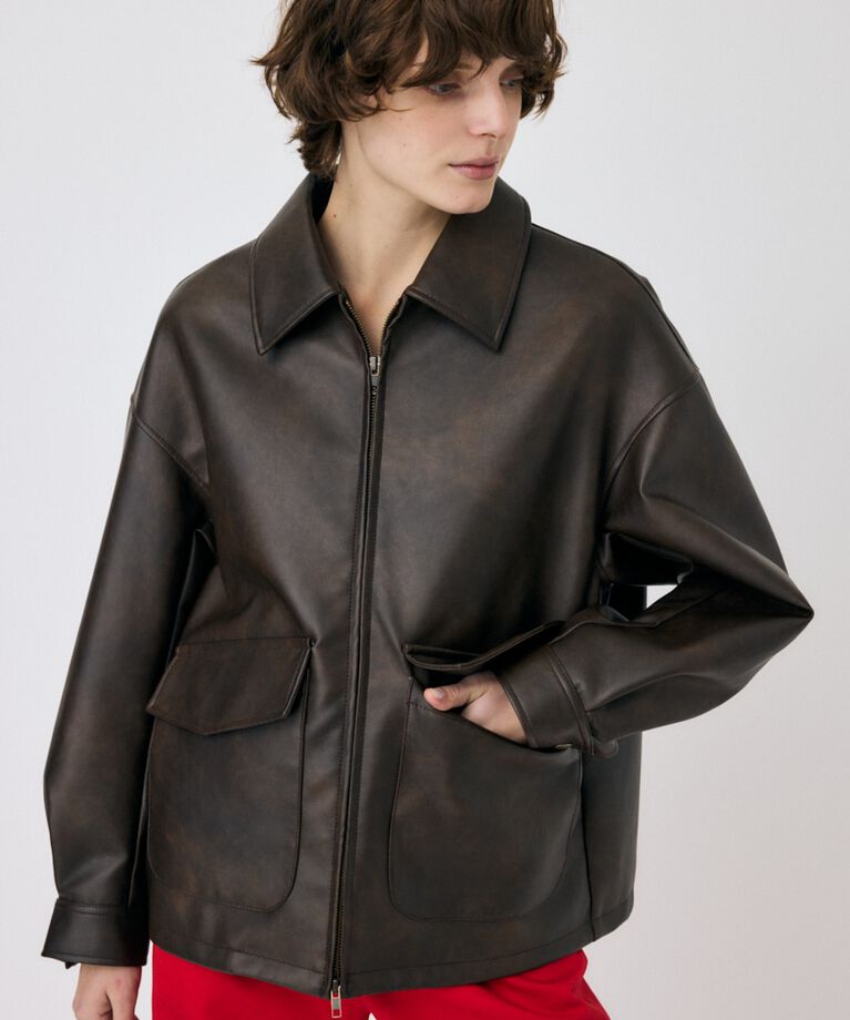 MOUSSY「FAUX LEATHER OVER ジャケット」|ブルゾン・スタジャン|BRN