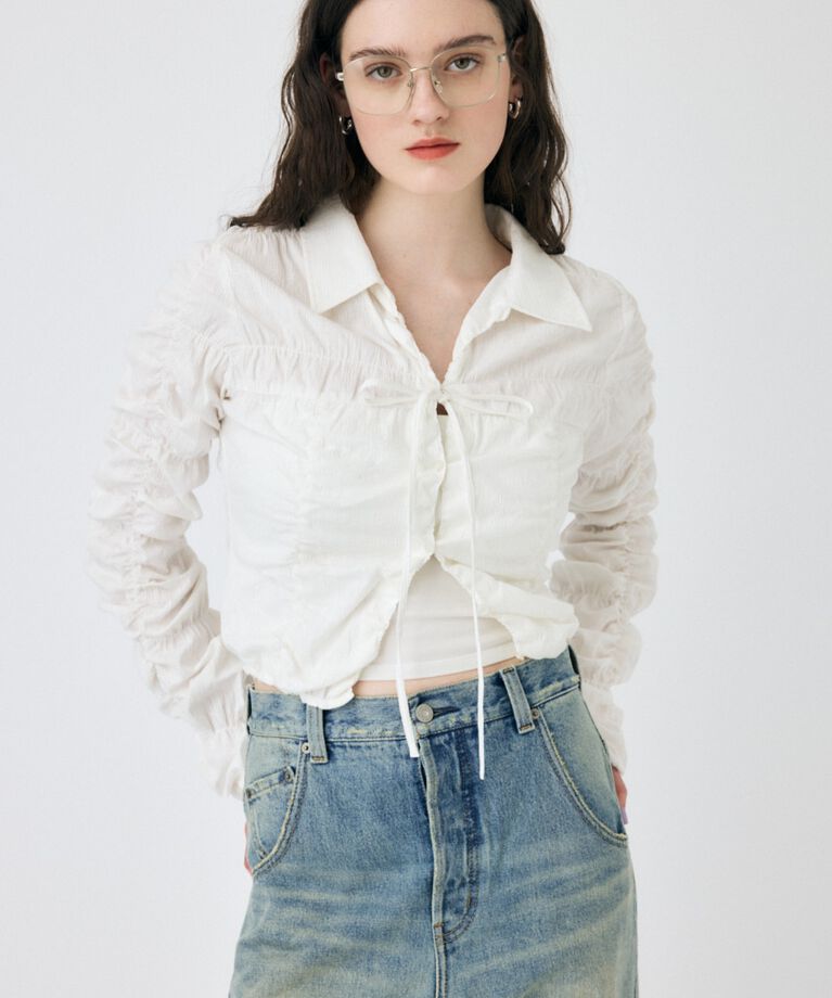MOUSSY「FRONT TIE SHIRRING シャツ」|シャツ・ブラウス|WHT