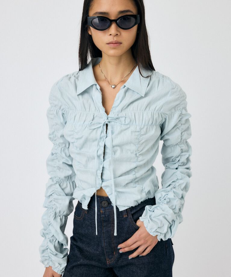 MOUSSY「FRONT TIE SHIRRING シャツ」|シャツ・ブラウス|L/BLU1