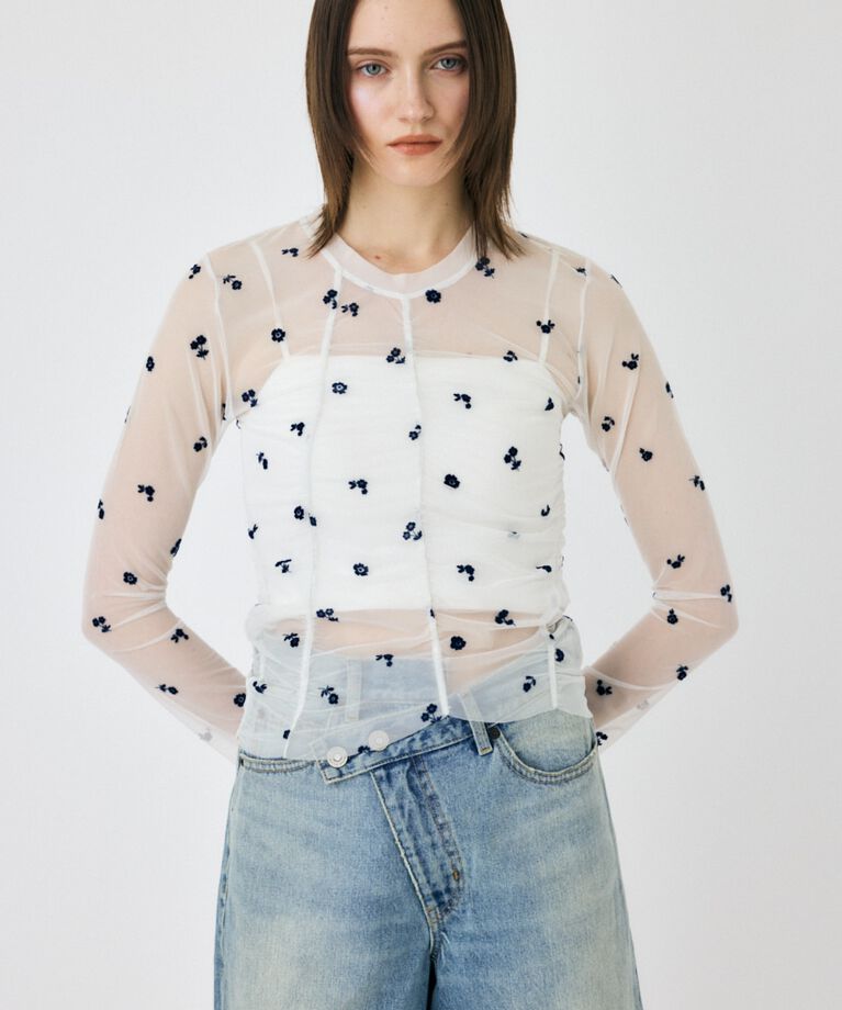 MOUSSY「FLORAL TULLE GATHER ロングスリーブTシャツ」|Tシャツ・カットソー|