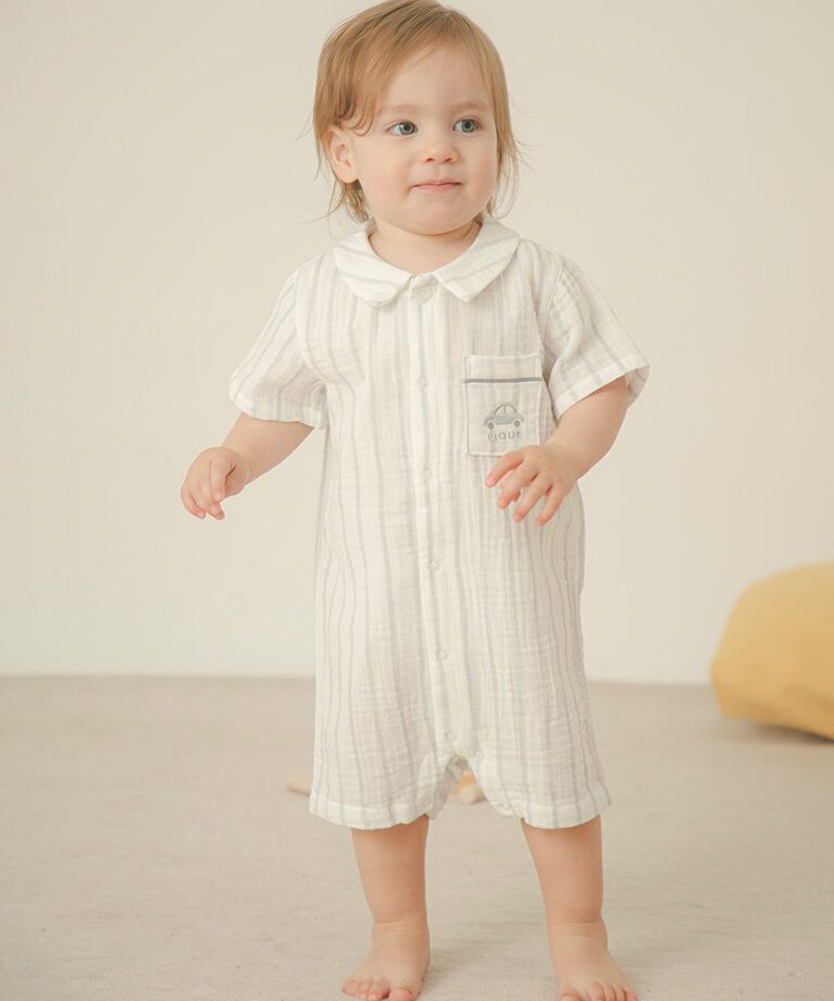 gelato pique kids&baby「【販路限定】【BABY】ストライプガーゼロンパース」|ロンパース|