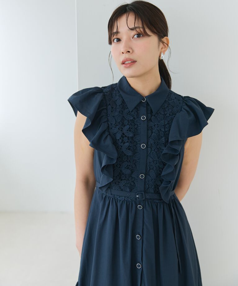 アンドクチュール「コットンレースフリルシャツワンピース」|ワンピース|