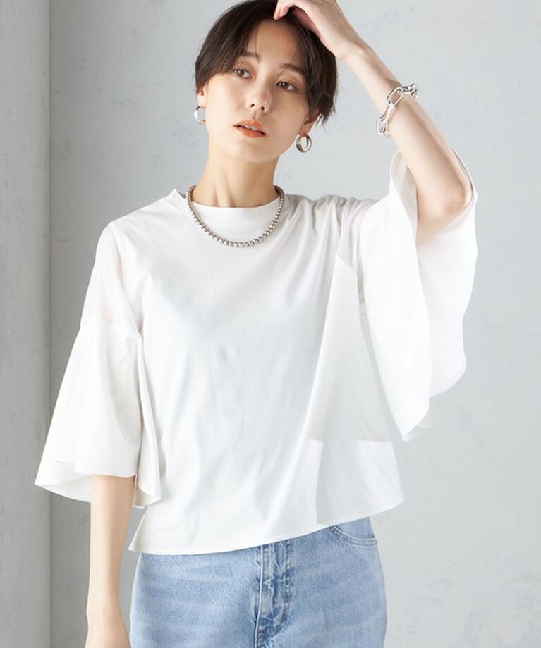 SHIPS for women「〈手洗い可能〉PLA スムース シアー コンビ スリーブ プルオーバー 」|Tシャツ・カットソー|