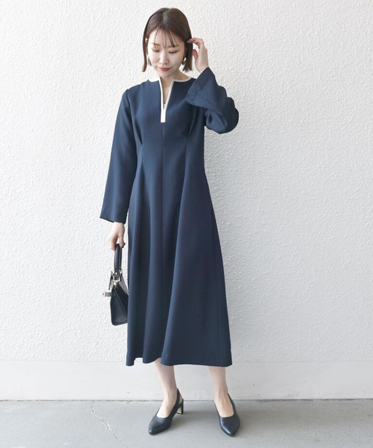 SHIPS any「SHIPS any: ダブルクロス ウエスト タック Aライン ワンピース ［NAVY BLUE］」|ワンピース|