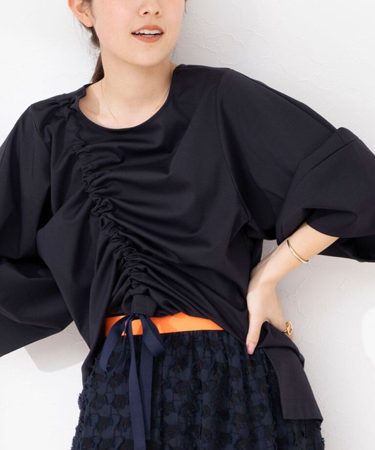 Rie Miller「アシンメトリーシャーリング2WAYボリュームスリーブカットソー」|Tシャツ・カットソー|ネイビー