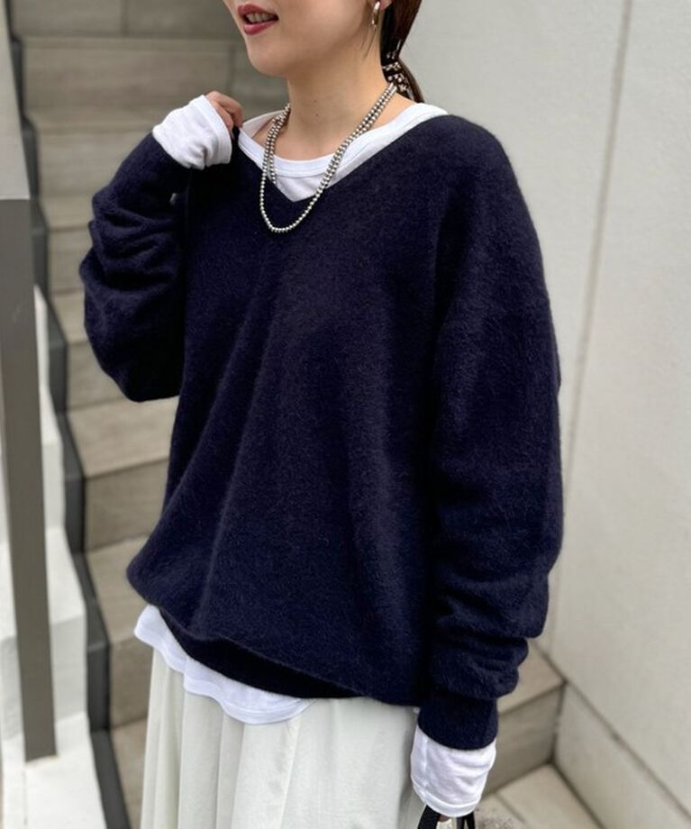 NOLLEY'S「ウォッシャブルヘアリーニットVネックプルオーバーニット」|ニット・セーター|ネイビー