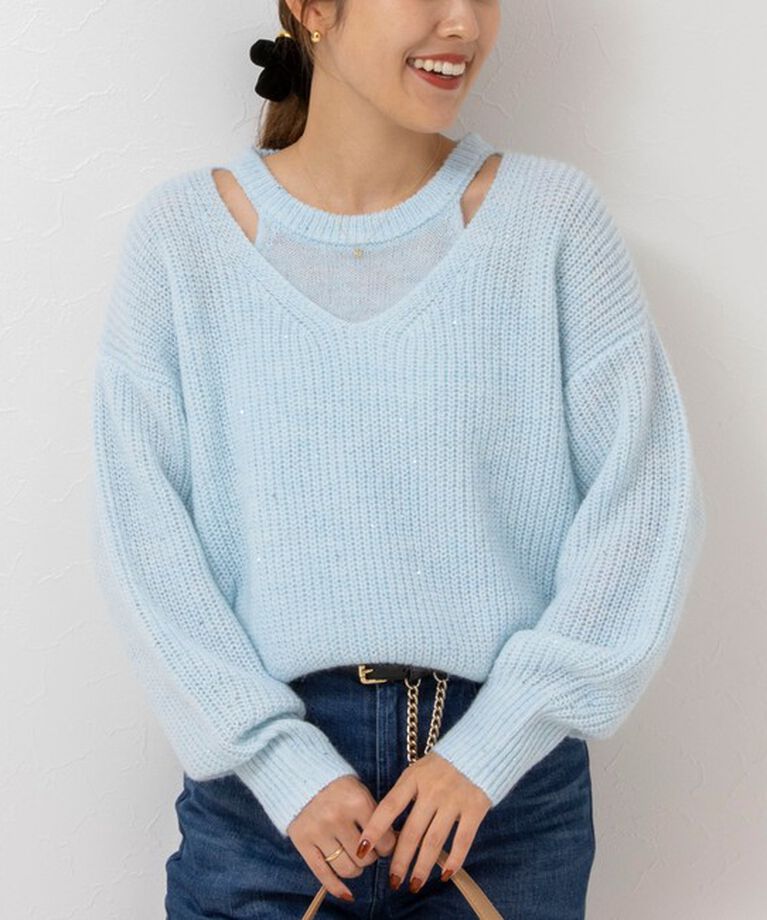 NOLLEY'S sophi「《手洗い可能》スパンコールモヘヤレイヤード風プルオーバーニット」|ニット・セーター|サックス
