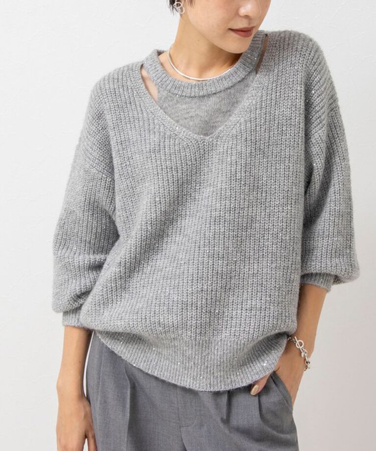 NOLLEY'S sophi「《手洗い可能》スパンコールモヘヤレイヤード風プルオーバーニット」|ニット・セーター|ミディアムグレー