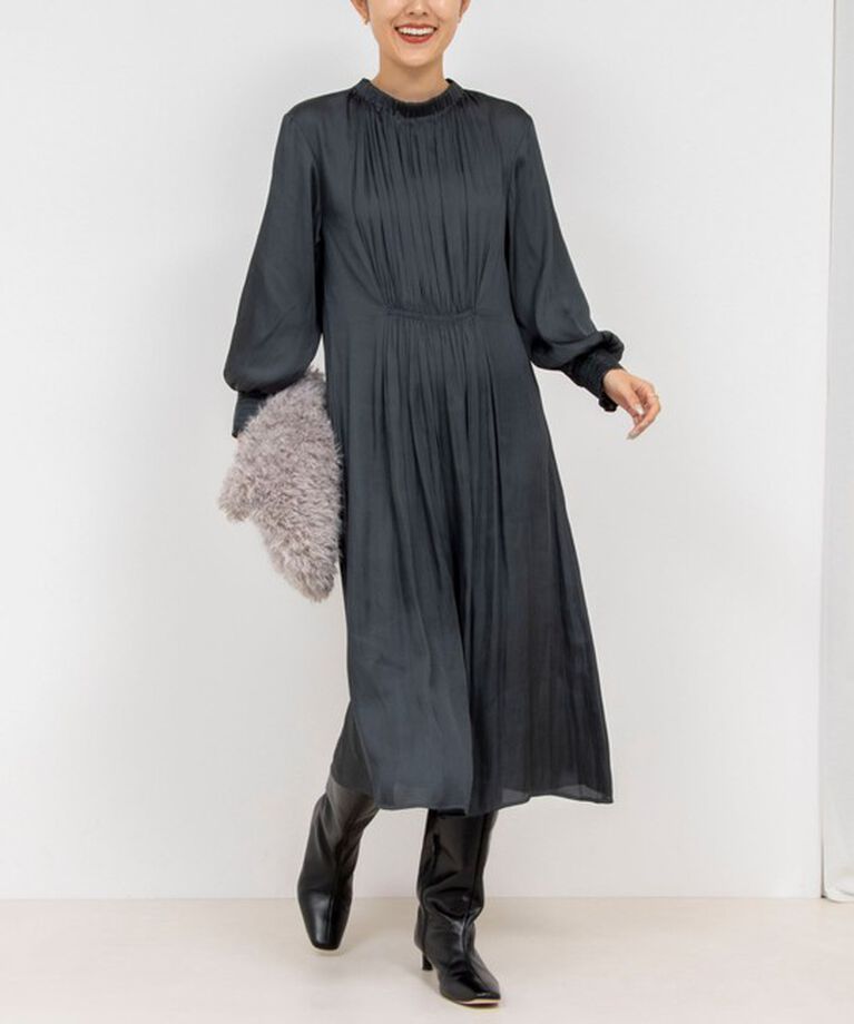 NOLLEY'S sophi「ウォッシャブル割織サテンギャザーワンピース」|ワンピース|ネイビー