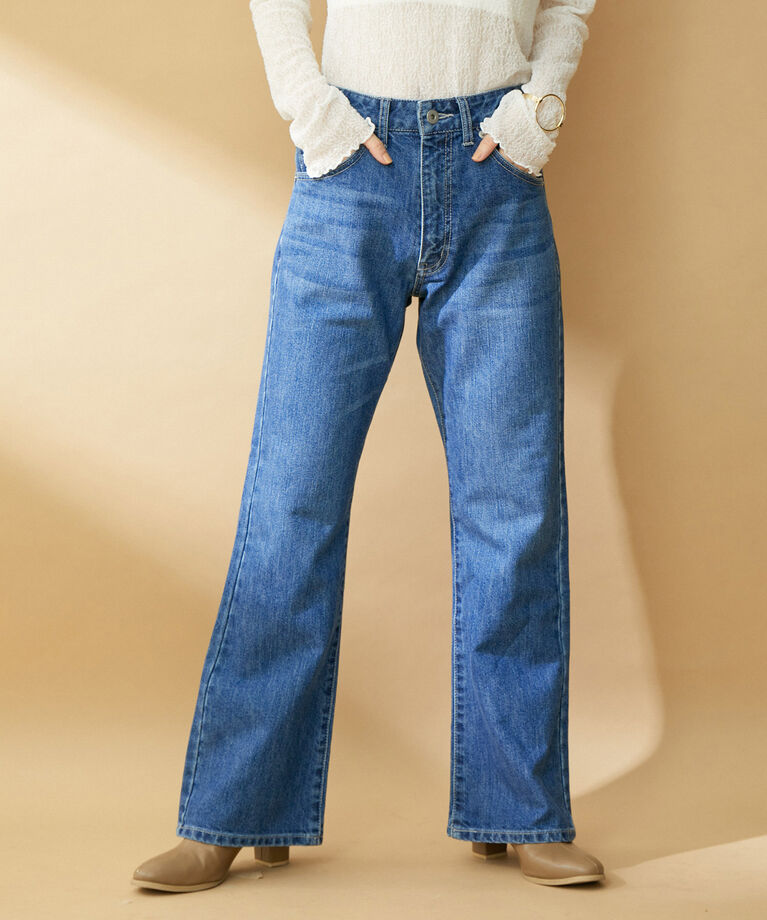 VIS「【洗える】ジャパンファブリックフレアデニムパンツ」|デニム|ネイビー系(41)