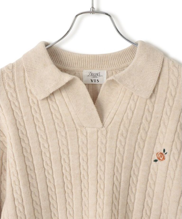 VIS「【DILIGENCE PARLOUR】VIS別注モデルローズ刺繍ポロケーブルニット【セットアップ対応】」|ニット・セーター|