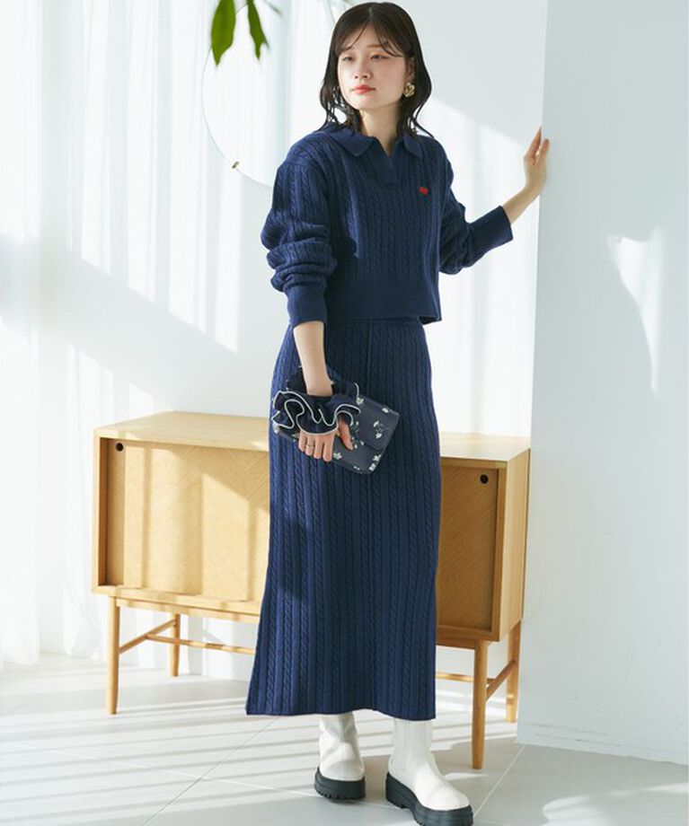 VIS「【DILIGENCE PARLOUR】VIS別注モデルローズ刺繍ポロケーブルニット【セットアップ対応】」|ニット・セーター|