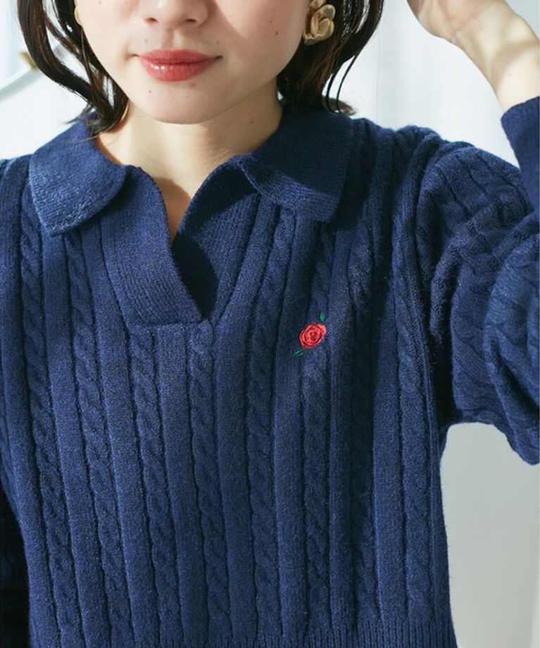 VIS「【DILIGENCE PARLOUR】VIS別注モデルローズ刺繍ポロケーブルニット【セットアップ対応】」|ニット・セーター|