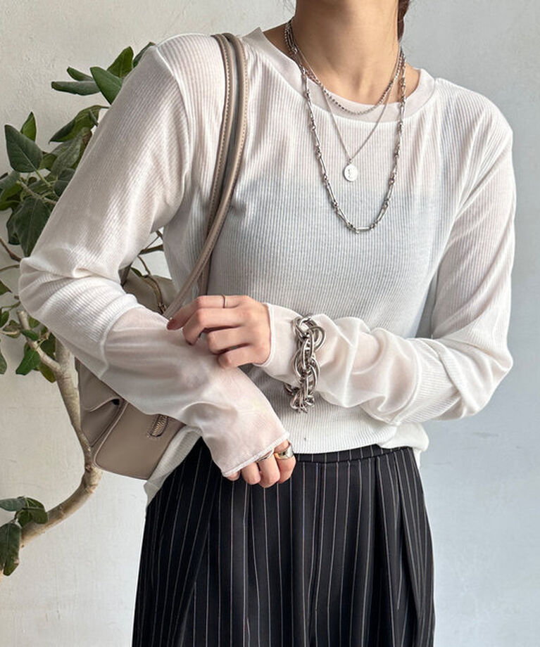  「【柔らかい着心地】袖シアーリブTEE」|Tシャツ・カットソー|