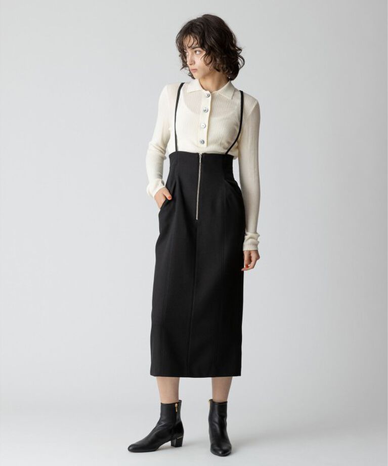 allureville「フロントジップサスペンダースカート」|ジャンパースカート|ブラック