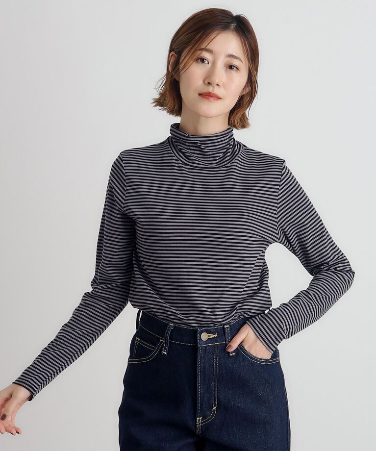 grove「【吸湿発熱MW】メロータートルネックプルオーバー」|Tシャツ・カットソー|ｸﾞﾚｰ×黒ﾎﾞｰﾀﾞｰ(313)
