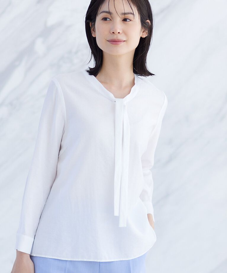 INDIVI「春SALE！【洗える】ストライプドビー ボウタイブラウス」|シャツ・ブラウス|ホワイト(001)