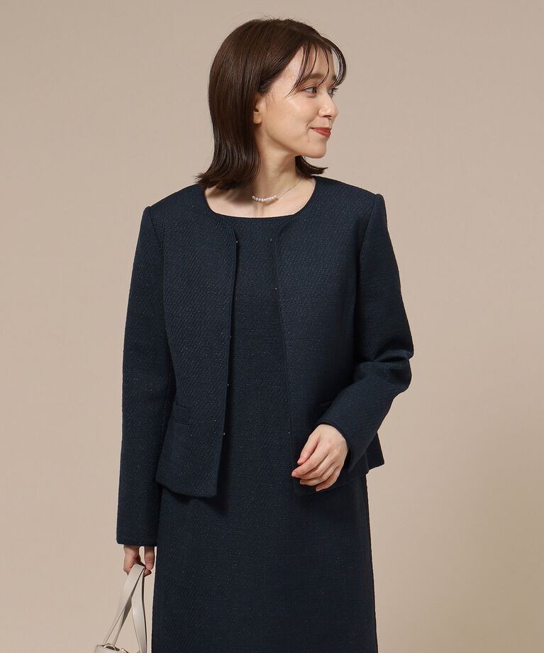 SHOO･LA･RUE「【通勤/セレモニー】女性らしいハートネック パイピング ツイードジャケット」|ノーカラージャケット|ﾀﾞｰｸﾈｲﾋﾞｰ(494)