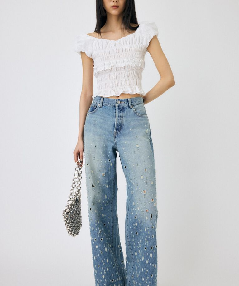 MOUSSY「DESTROYED MIDRISE BAGGY」|デニム|L/BLU1