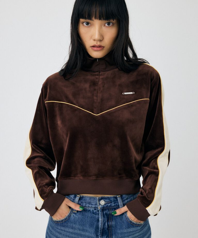 MOUSSY「VELOUR PIPING ハーフジップトップス」|Tシャツ・カットソー|BRN