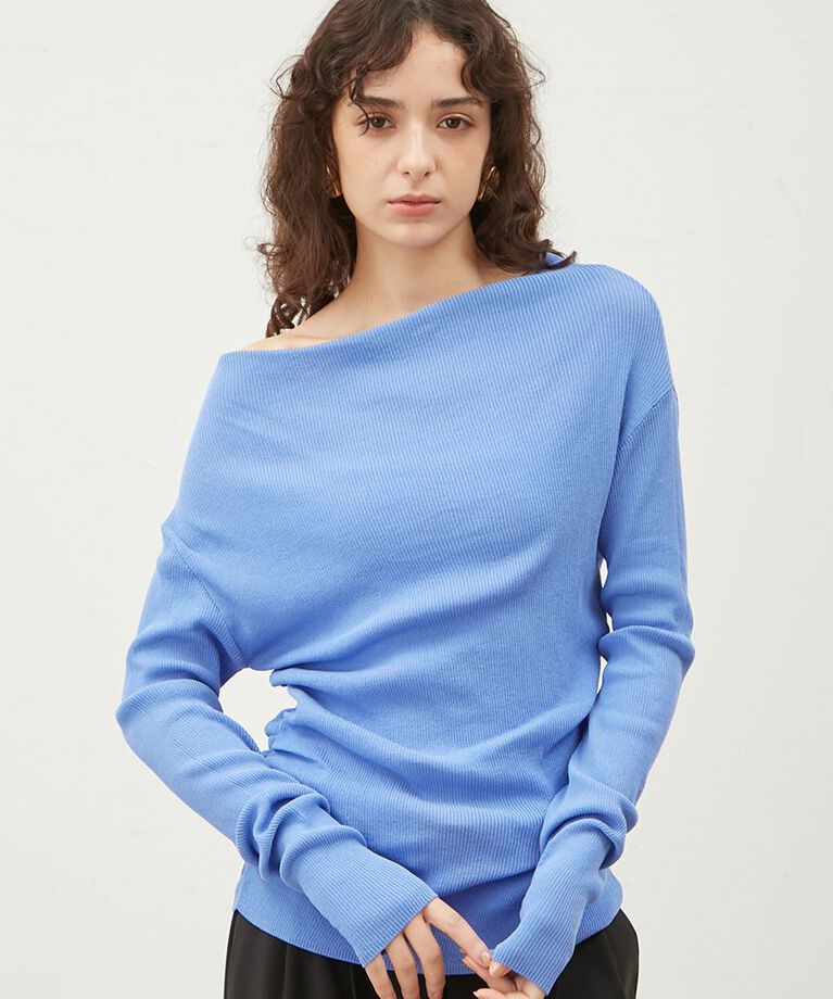 Mila Owen「ギャザーデザインオフショルリブニット【ウォッシャブル】」|ニット・セーター|BLU