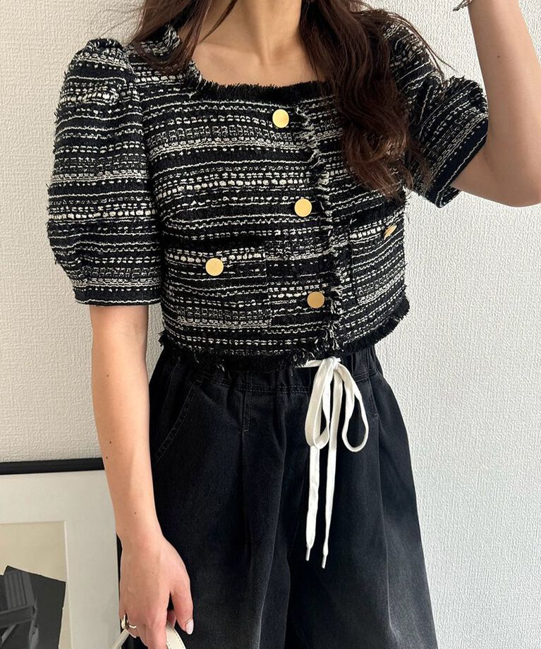 LILY BROWN「ハーフスリーブツイードジャケット」|テーラードジャケット|BLK
