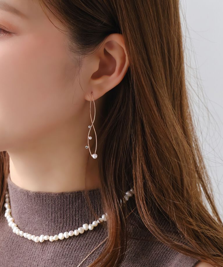  「ツインカーブラインパールビジューピアス　ローズゴールド」|ピアス|ピンクゴールド