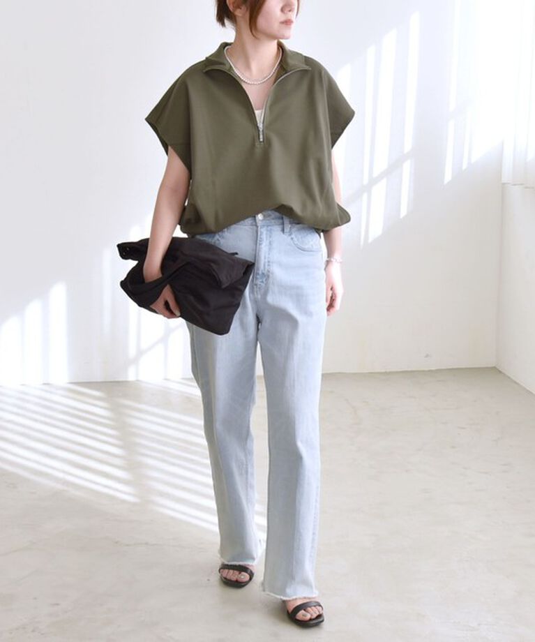 quaranciel「quaranciel:〈洗濯機可能〉ライト ポンチ ハーフジップ フレンチスリーブ TEE」|Tシャツ・カットソー|
