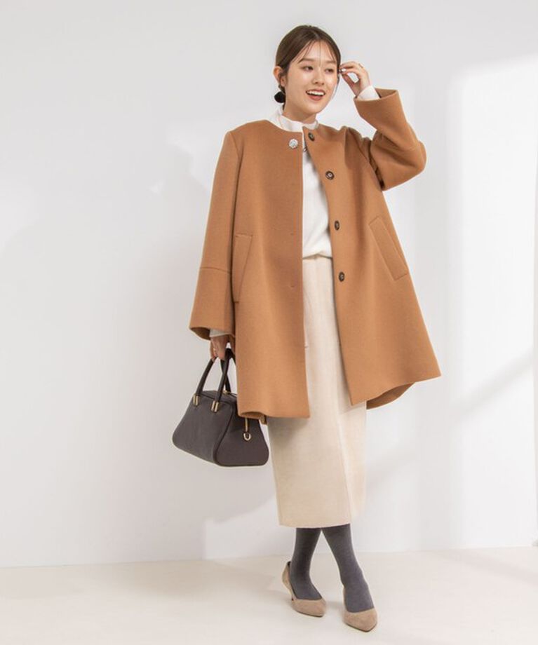 NOLLEY'S「カシミヤ混ビジューブローチ付きコート」|ノーカラーコート|