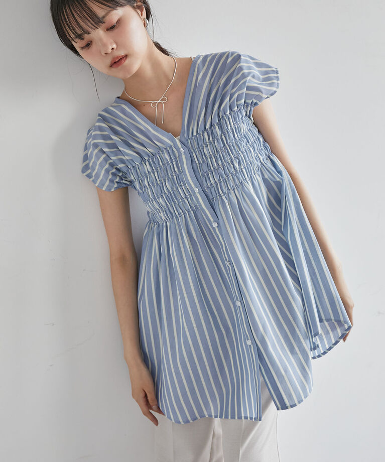 VIS「【洗える】ゆるVネックシャーリングシャツブラウス」|シャツ・ブラウス|サックス(48)
