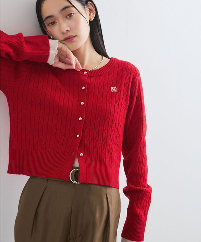 VIS「ワンポイント胸刺繍ケーブルカーディガン」|カーディガン|赤メイン