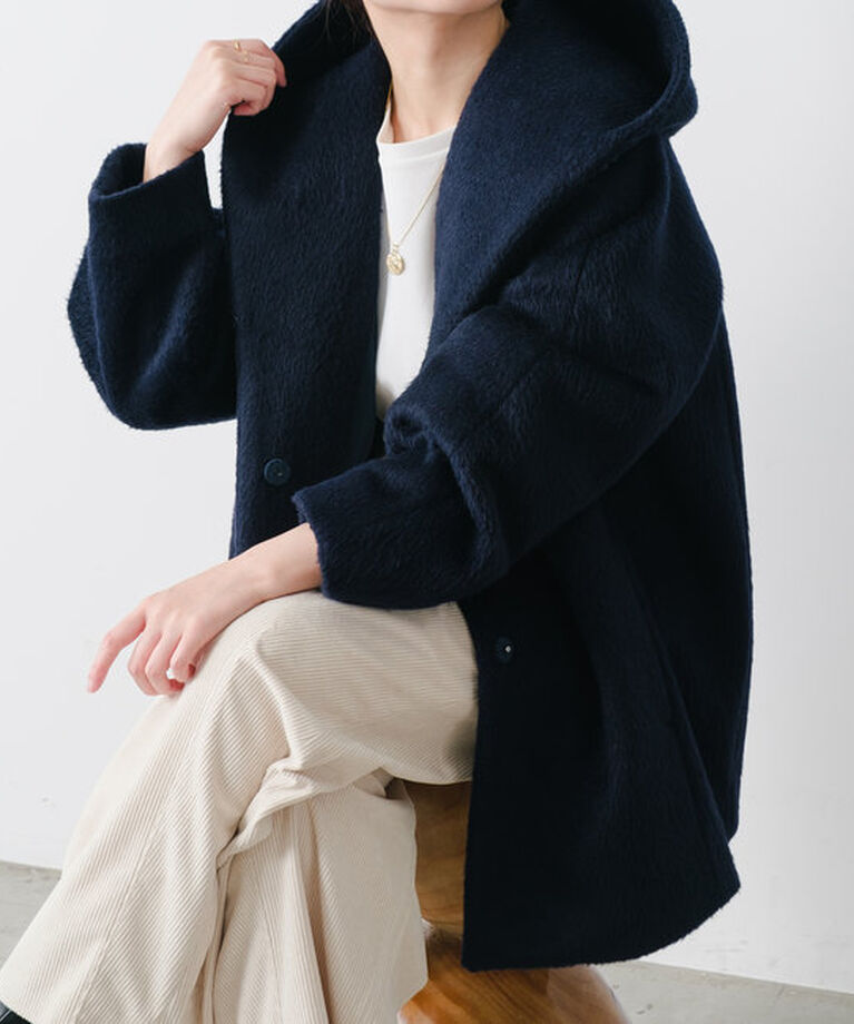  「ウール混フーデッドミドルコート」|その他|ネイビー