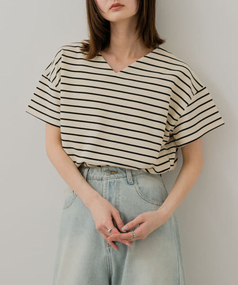 SENSE OF PLACE by URBAN RESEARCH「SENSE OF PLACE ミラノリブVネックTシャツ」|Tシャツ・カットソー|WHT×BLK
