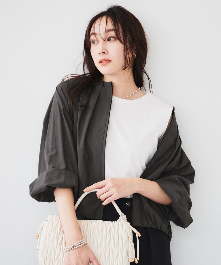UNTITLED「【春の軽羽織り】ボリューム袖 ノーカラーブルゾン」|ブルゾン・スタジャン|チャコールグレー(0