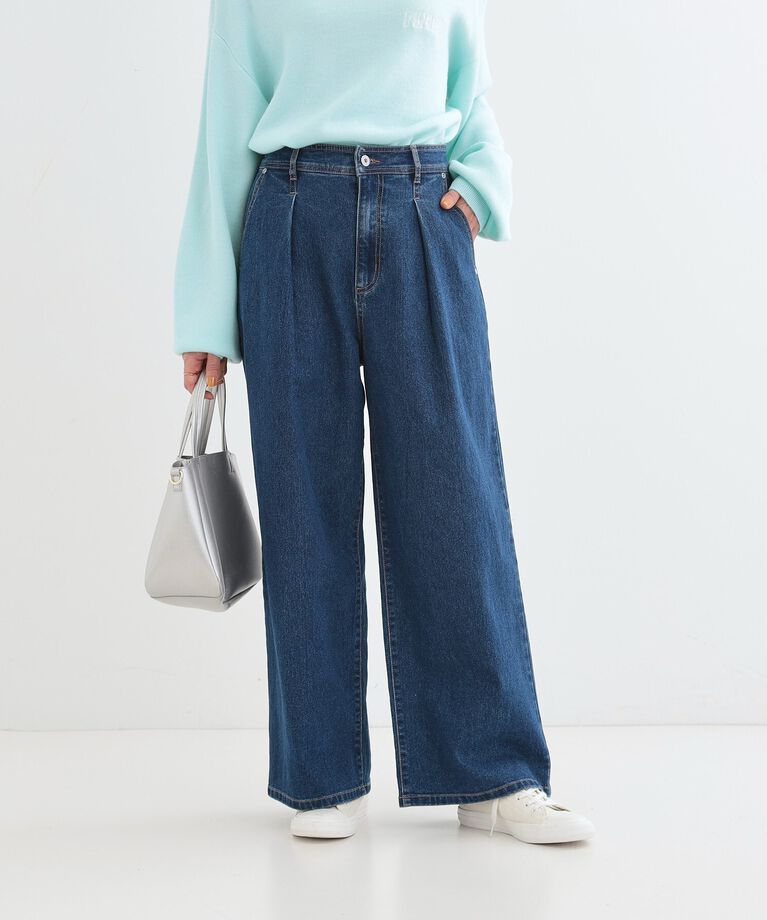 SHOO･LA･RUE「後ろウエストゴムが楽 大人のタックワイド デニムパンツ」|デニム|