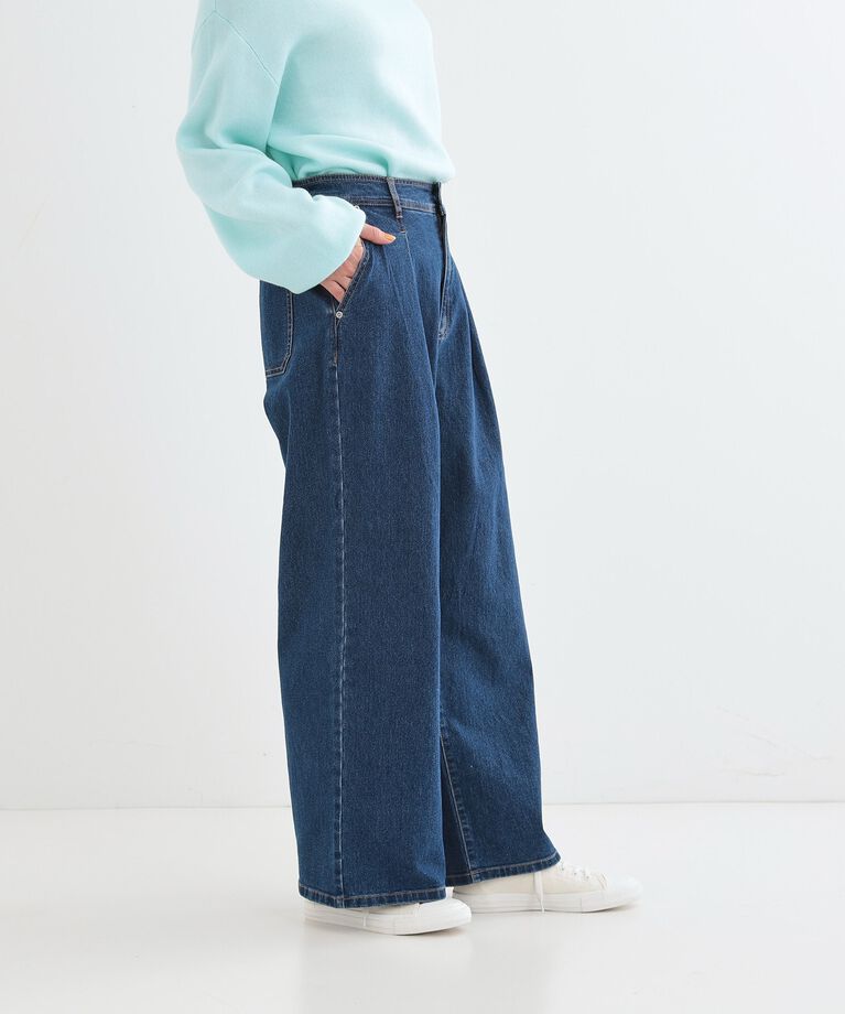 SHOO･LA･RUE「後ろウエストゴムが楽 大人のタックワイド デニムパンツ」|デニム|