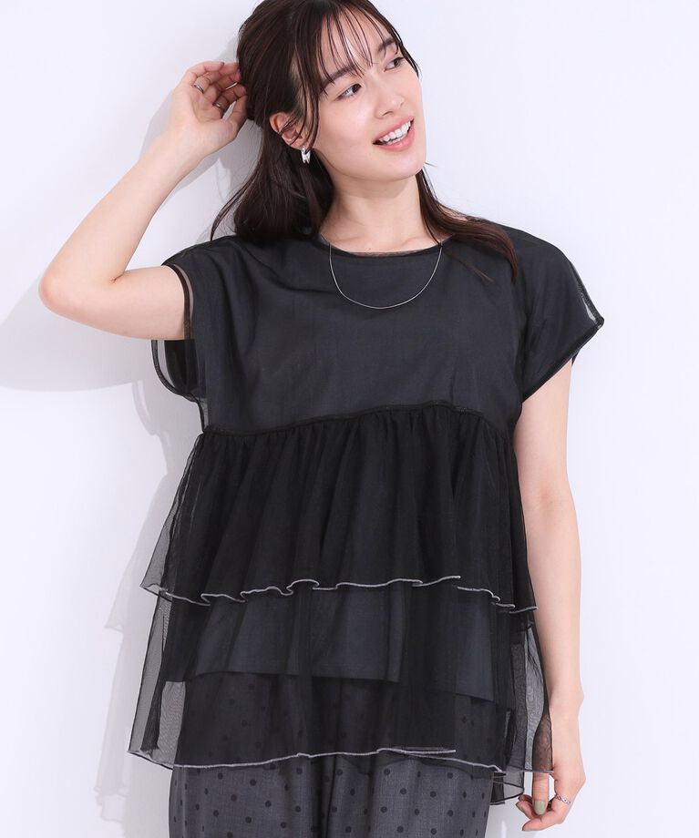 SHOO･LA･RUE「【S-LL/2点セット】程よい甘さをプラス Tシャツ＋チュールトップス」|Tシャツ・カットソー|チャコールグレー(0