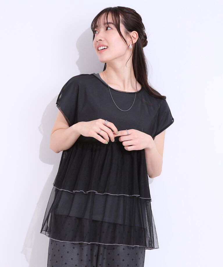 SHOO･LA･RUE「【S-LL/2点セット】程よい甘さをプラス Tシャツ＋チュールトップス」|Tシャツ・カットソー|