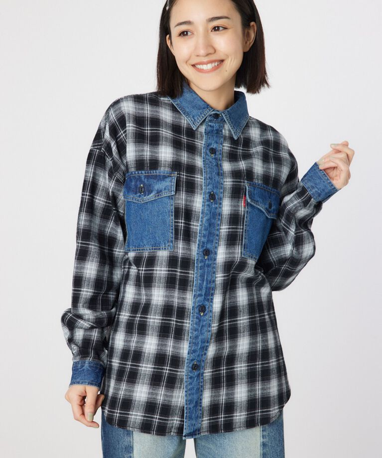 RODEO CROWNS「デニムドッキングチェックシャツ」|シャツ・ブラウス|柄BLK5