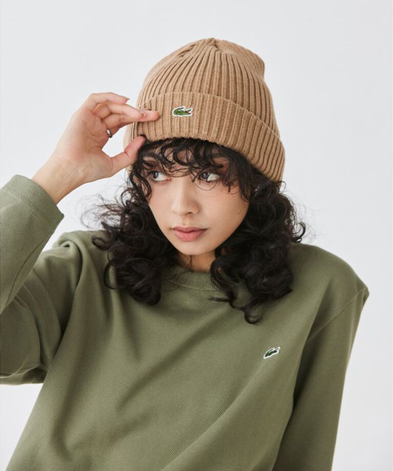 LACOSTE「ウールリブニットキャップ」|ニット帽|ベージュ