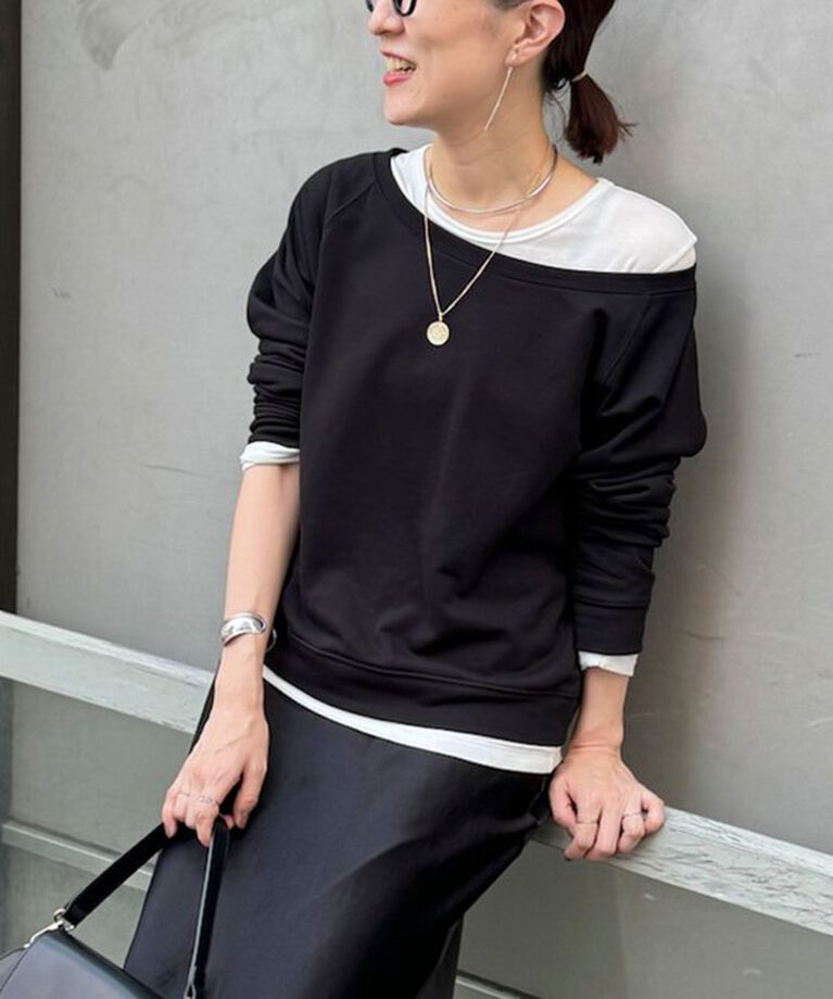 Rie Miller「ワイドネックミニ裏毛プルオーバーカットソー」|Tシャツ・カットソー|ブラック