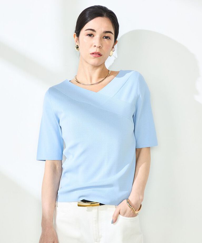 NOLLEY'S sophi「《手洗い可能》カシュクール風5分袖プルオーバーニット」|ニット・セーター|サックス
