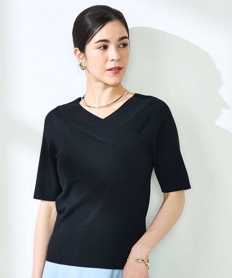 NOLLEY'S sophi「《手洗い可能》カシュクール風5分袖プルオーバーニット」|ニット・セーター|