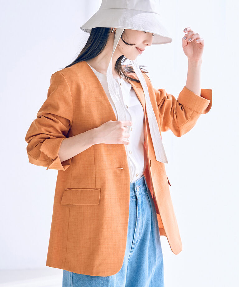 VIS「【洗える・接触冷感】美easyノーカラーVネックジャケット【セットアップ対応】」|ノーカラージャケット|オレンジ系(71)