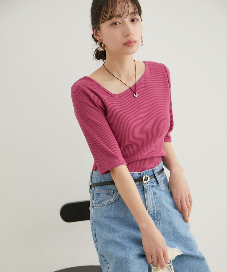VIS「【前後2WAY】テレコアシンメトリーネック5分袖プルオーバー【洗える】」|Tシャツ・カットソー|